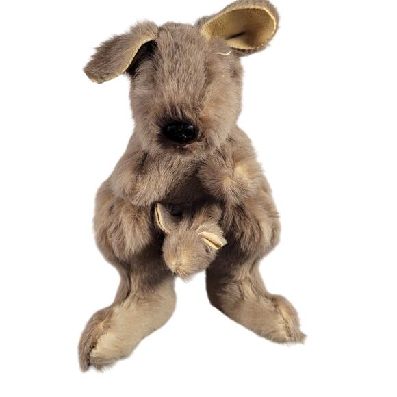 Vintage Real Fur Kangaroo Plush Toy with Joey, Brown 10" Stuffed Animal - Picture 7 of 16